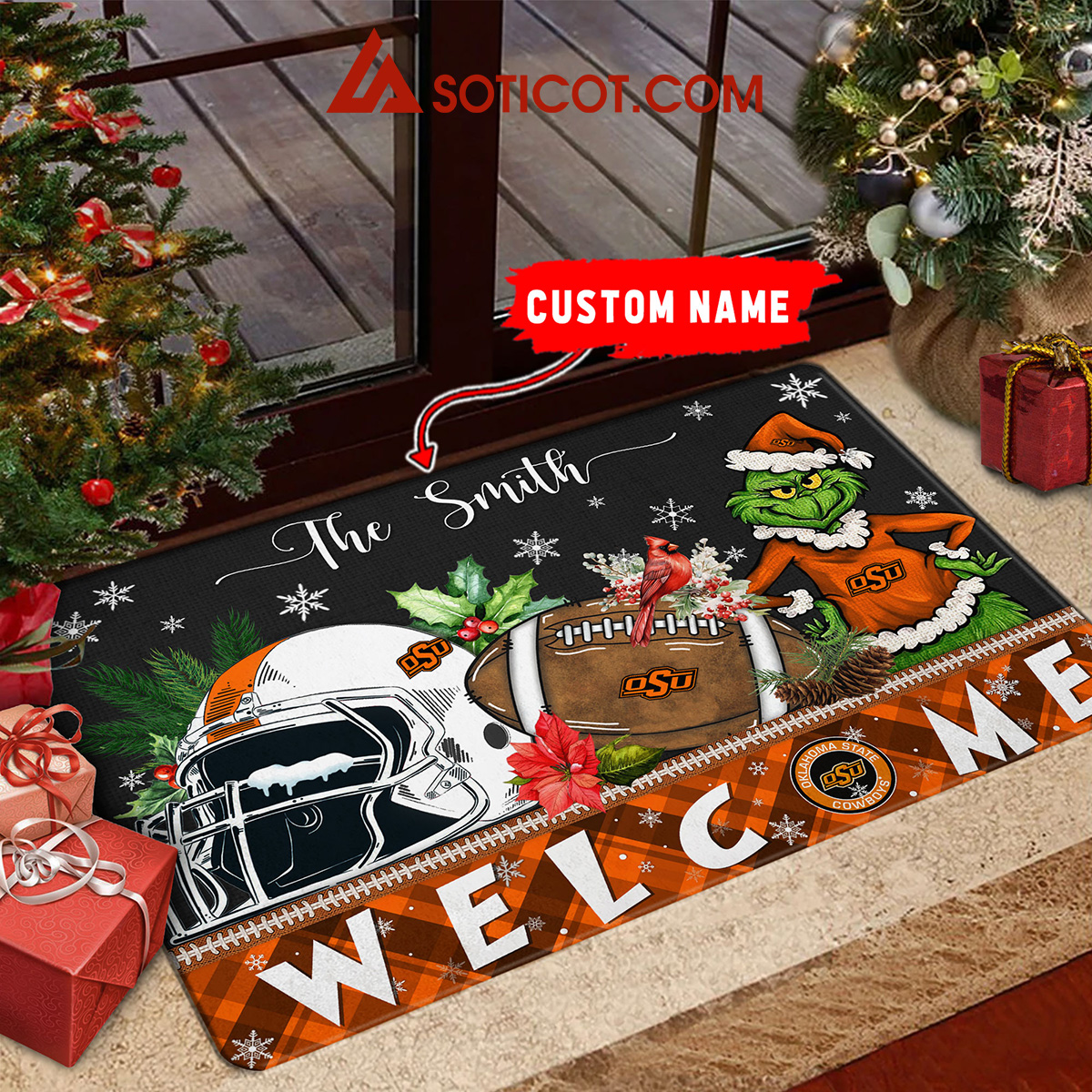 Oklahoma State Cowboys Grinch Welcome Christmas Football Personalized Doormat2B1 5hpUu