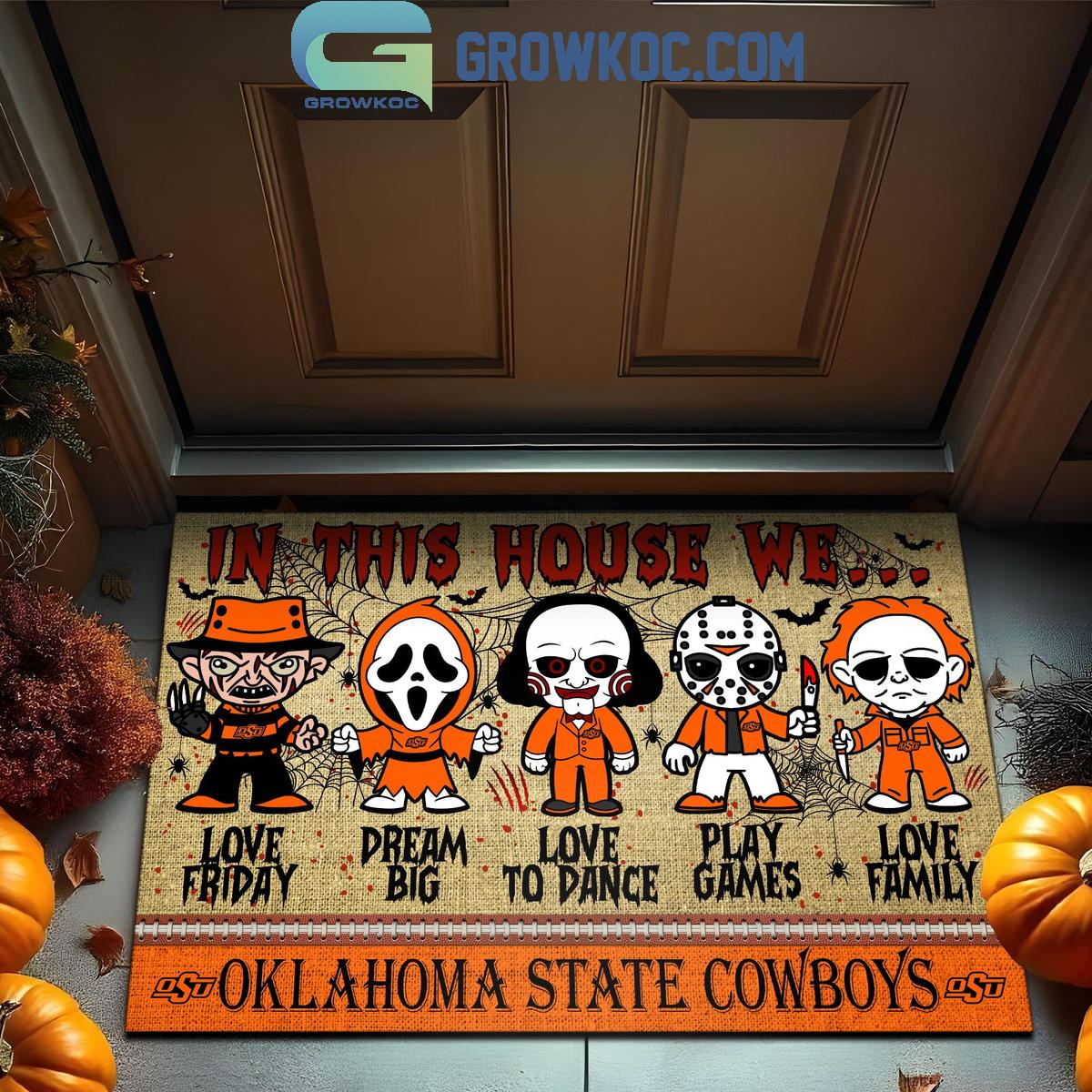 Oklahoma State Cowboys In This House We Love Halloween Horror Movies Doormat 1 jRGus