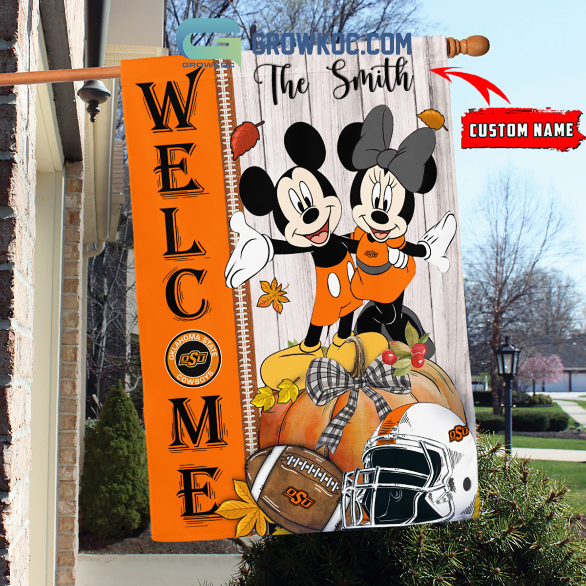 Oklahoma State Cowboys NCAA Disney Mickey Minnie Welcome Fall Pumpkin Personalized House Garden Flag2B1 2X1ln