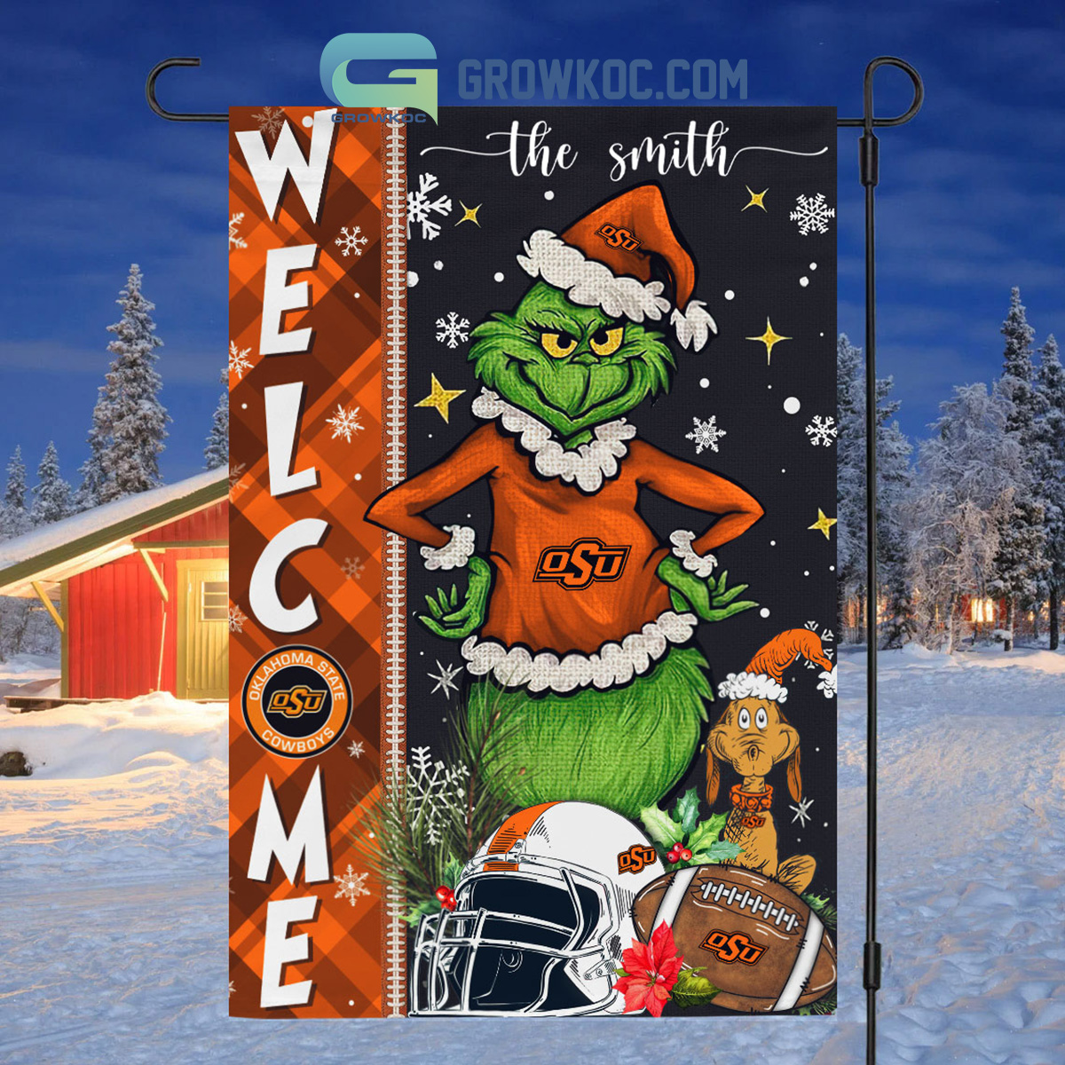 Oklahoma State Cowboys NCAA Grinch Football Welcome Christmas House Garden Flag2B1 3xmRC