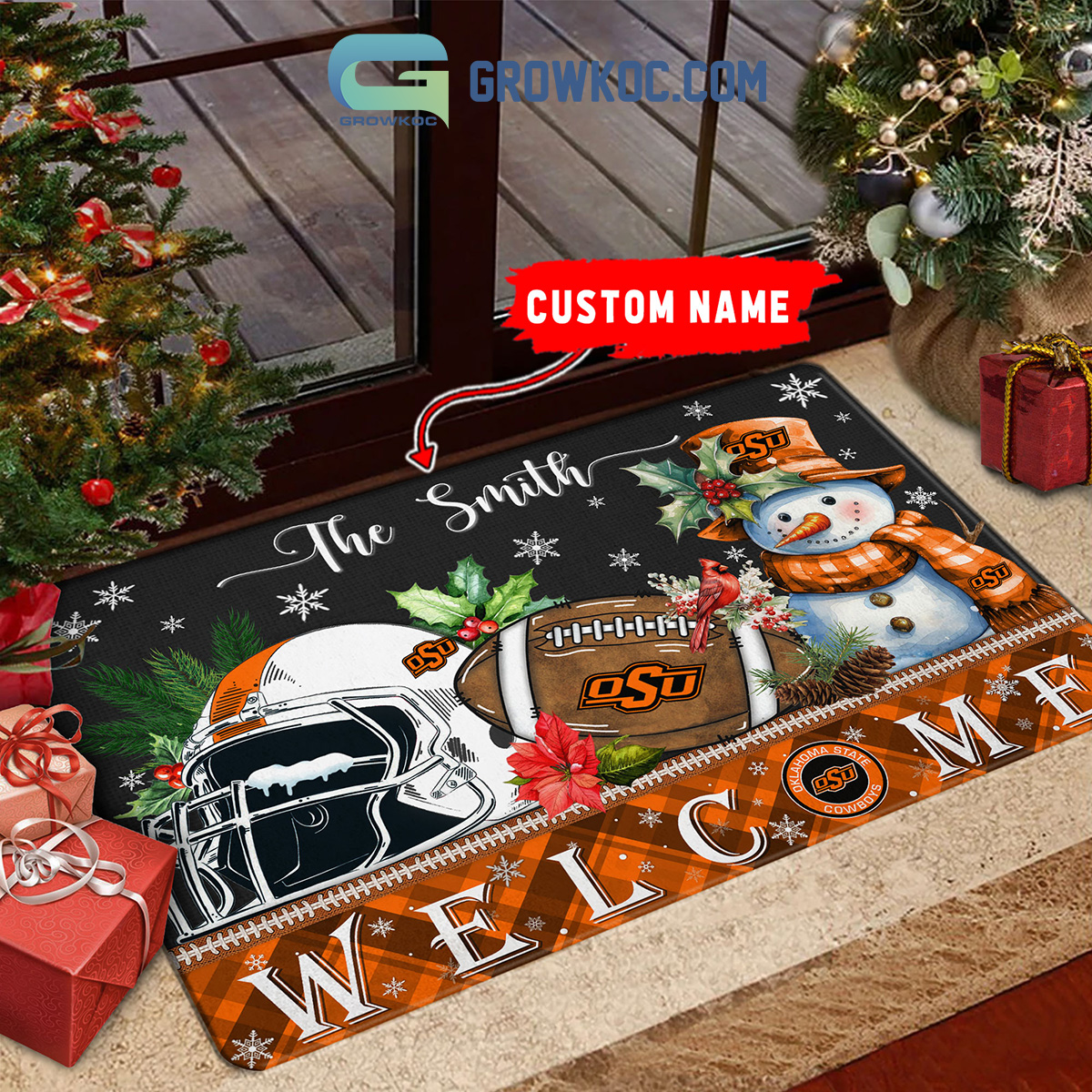 Oklahoma State Cowboys Snowman Welcome Christmas Football Personalized Doormat2B1 8B3My