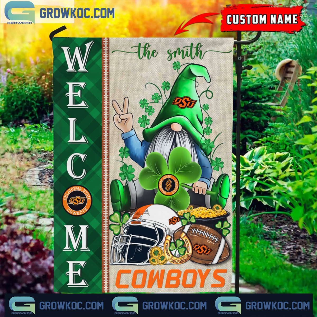 Oklahoma State Cowboys St. Patricks Day Shamrock Personalized Garden Flag2B1 pfnYj