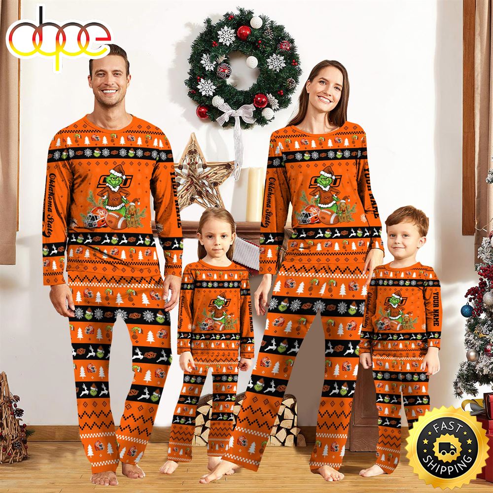 Oklahoma State Cowboys NCAA Custom Name Grinch Christmas And Sport Team Pajama Set rn4dwi