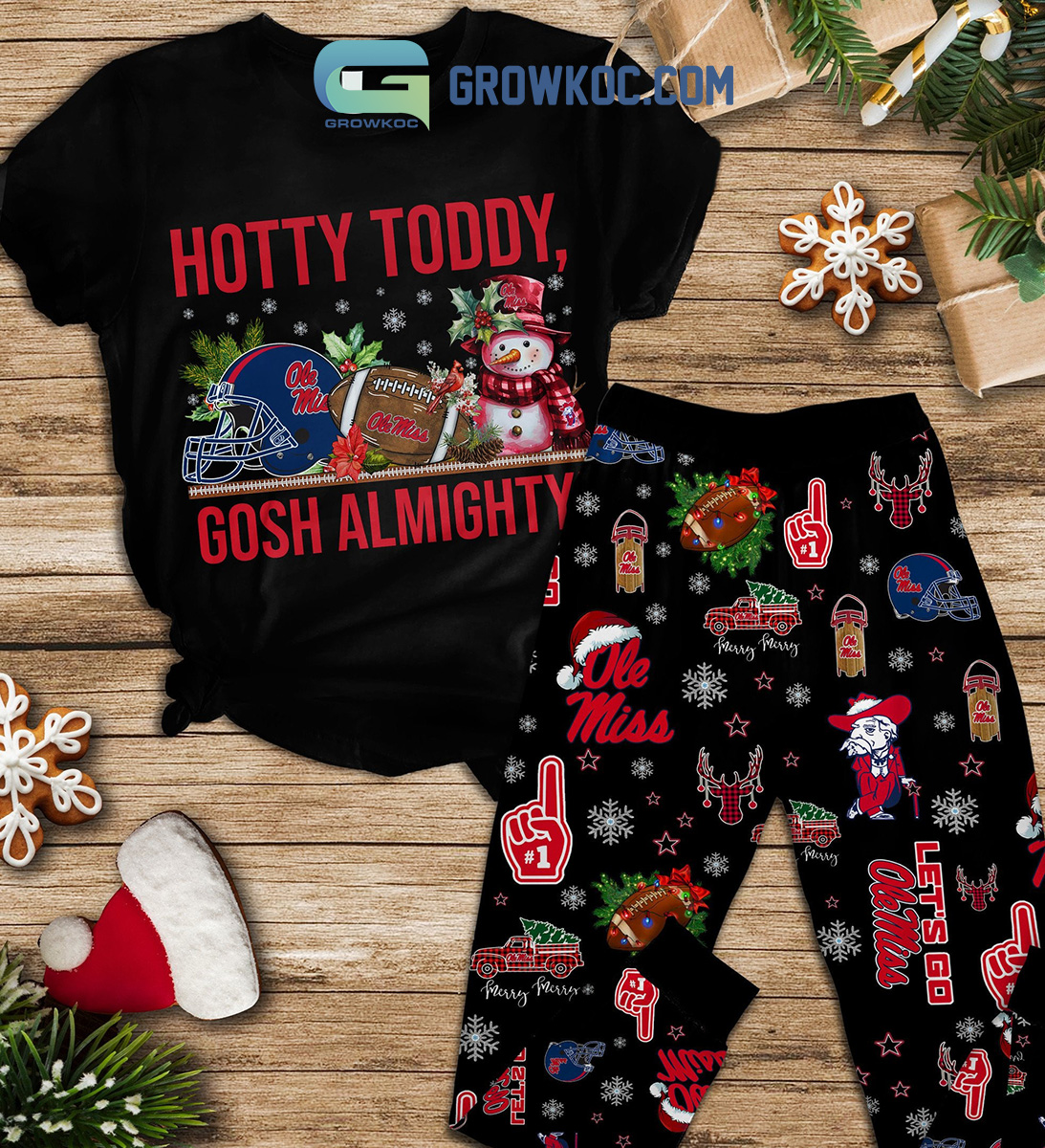 Ole Miss Rebels Hotty Toddy Gosh Almighty Snowman University of Mississippi Christmas Winter Holiday Fleece Pajama Sets Black Design2B0 McSCi