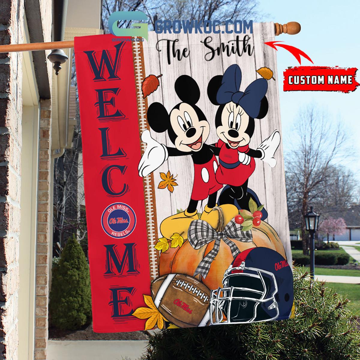 Ole Miss Rebels NCAA Disney Mickey Minnie Welcome Fall Pumpkin Personalized House Garden Flag2B1 Bf2gj