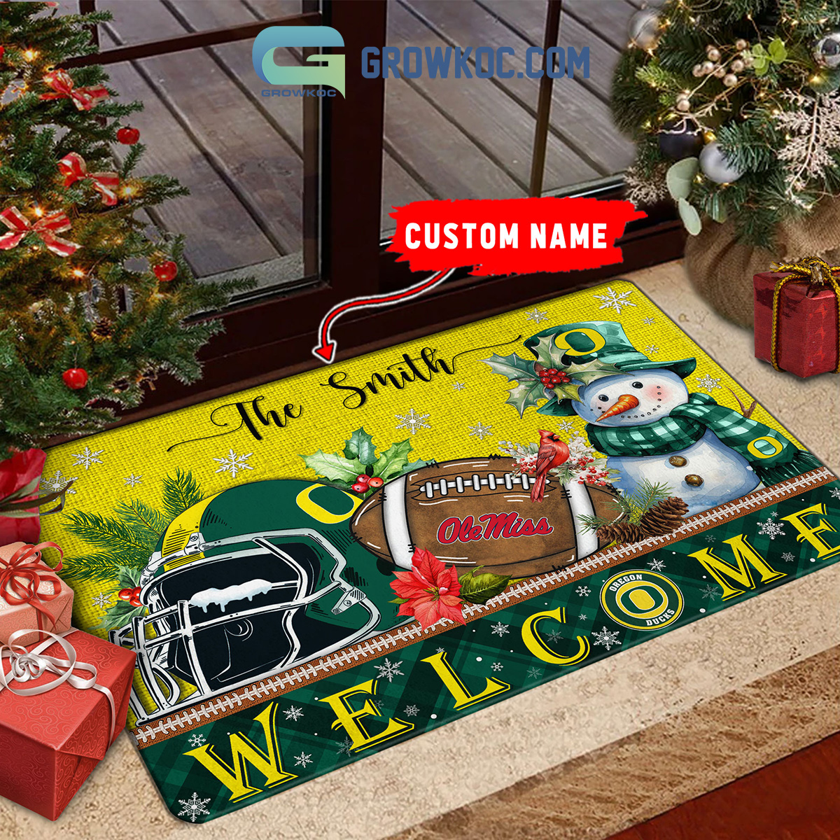 Oregon Ducks Snowman Welcome Christmas Football Personalized Doormat2B1 y6KoL