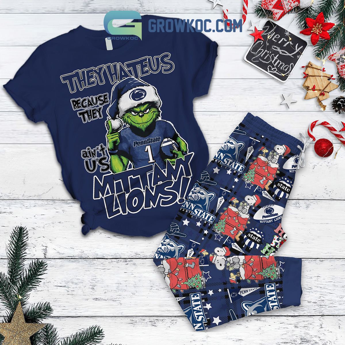 Penn State Nittany Lions Grinch Hate Us Christmas Fleece Pajamas Set2B1 8jIQT