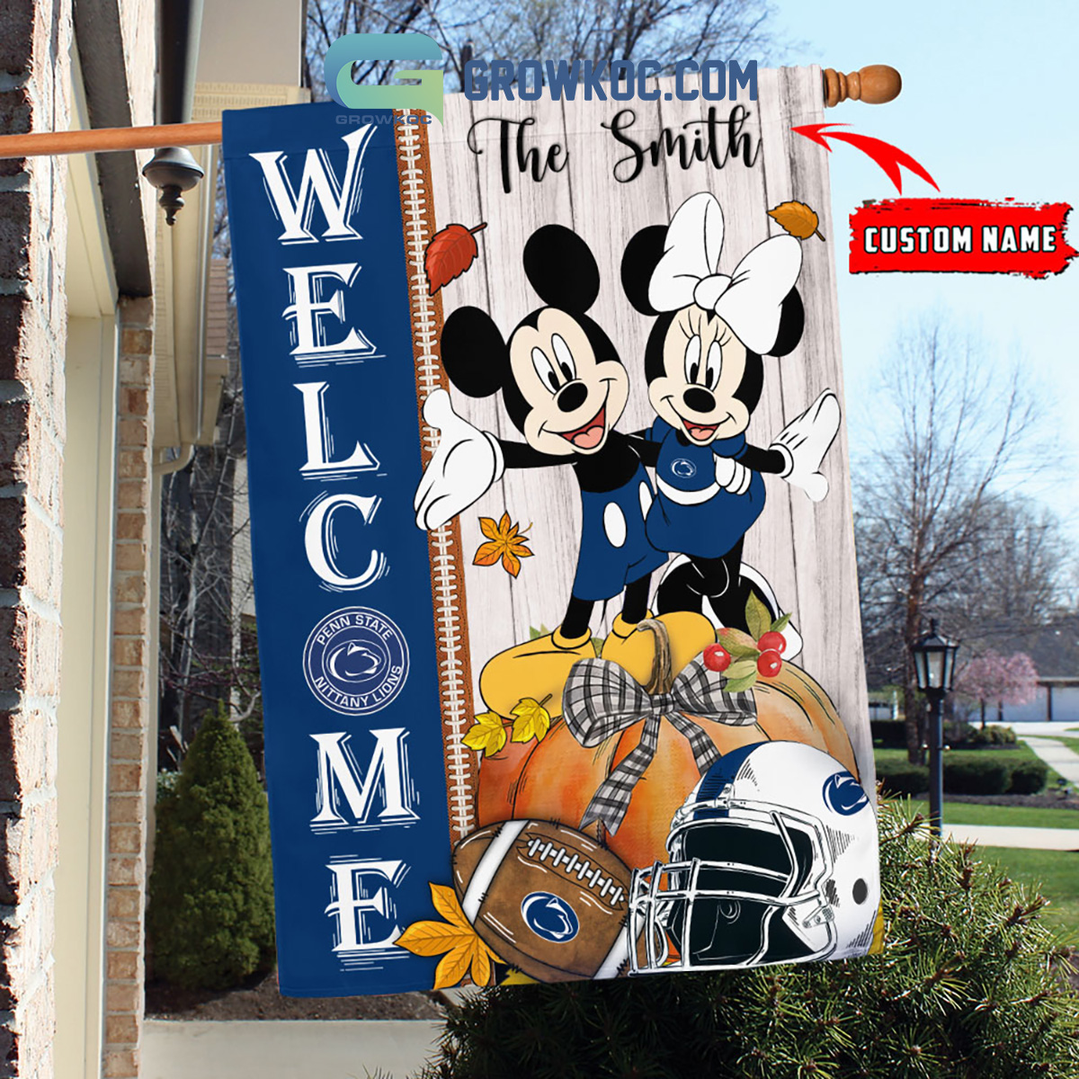 Penn State Nittany Lions NCAA Disney Mickey Minnie Welcome Fall Pumpkin Personalized House Garden Flag2B1 DdEr3