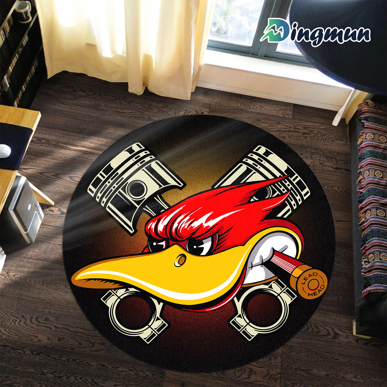 Personalized Hot Rod Duck Speed Shop Round Rug 1