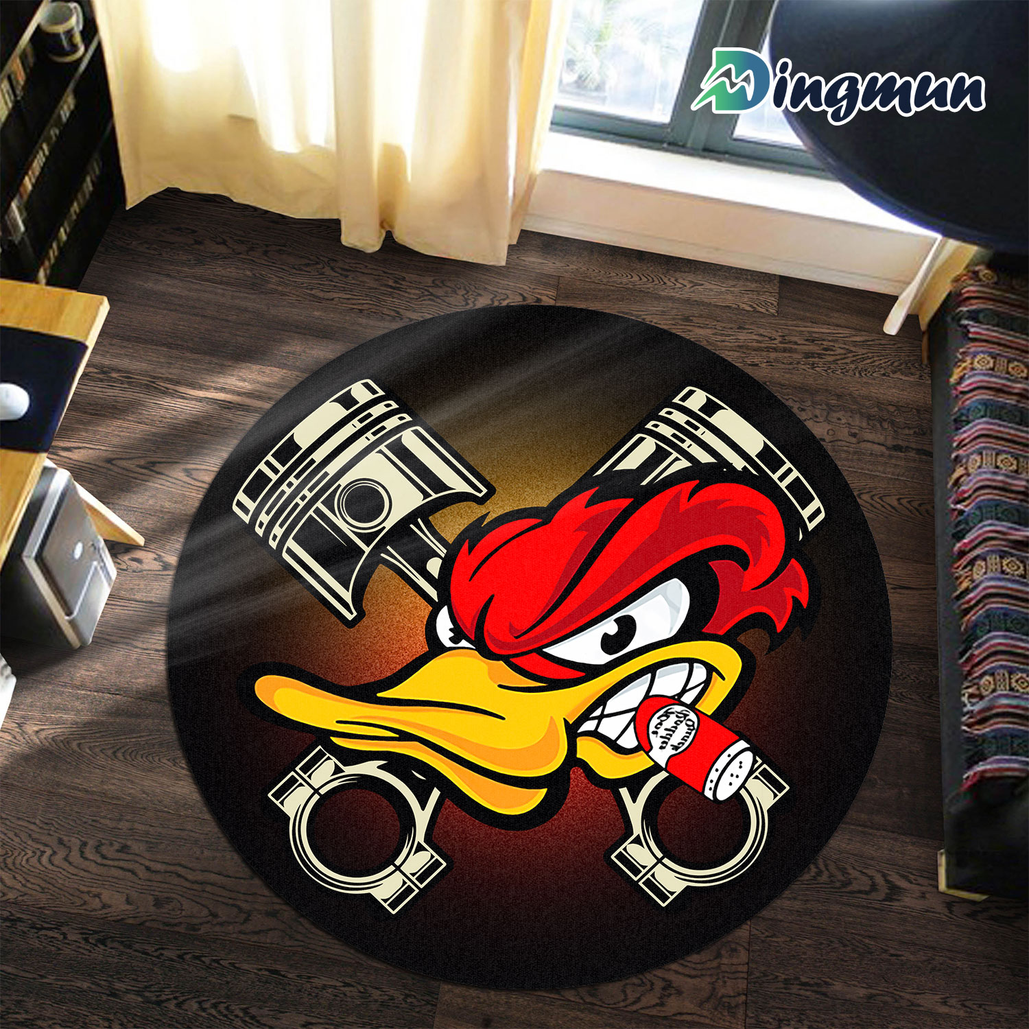 Personalized Hot Rod Duck Speed Shop Woodpecker Round Rug 1