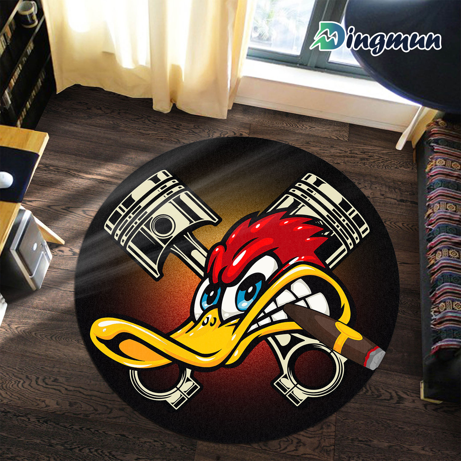 Personalized Hot Rod Garage Speed Shop Hot Rod Duck Round Rug 1