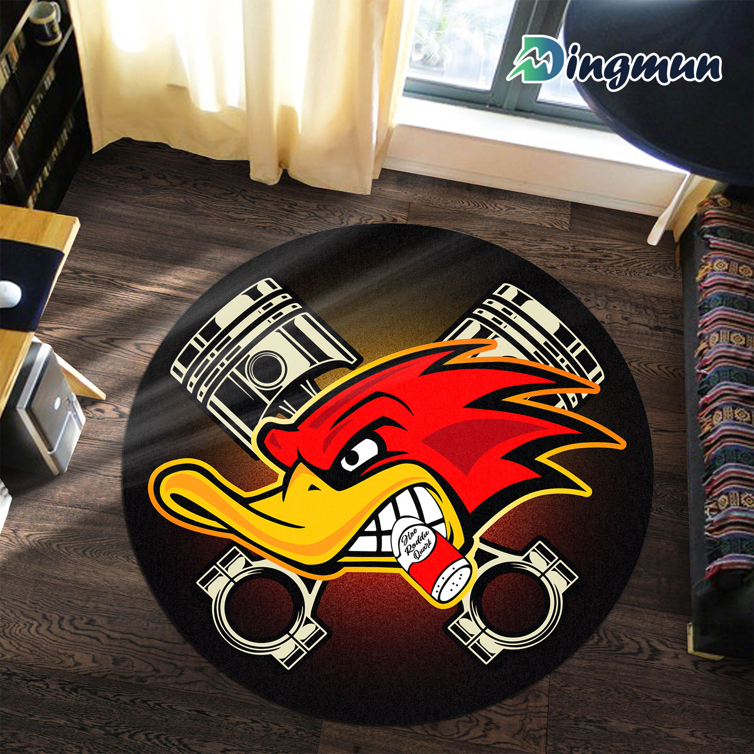 Personalized Hot Rod Speed Shop Woodpecker Round Rug 1