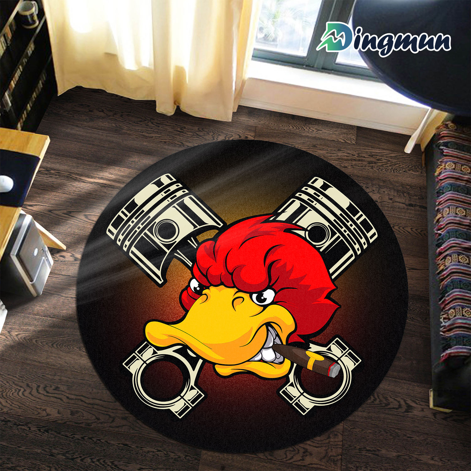 Personalized Kustom Kultrure Old School Hot Rod Duck Garage Round Rug 1