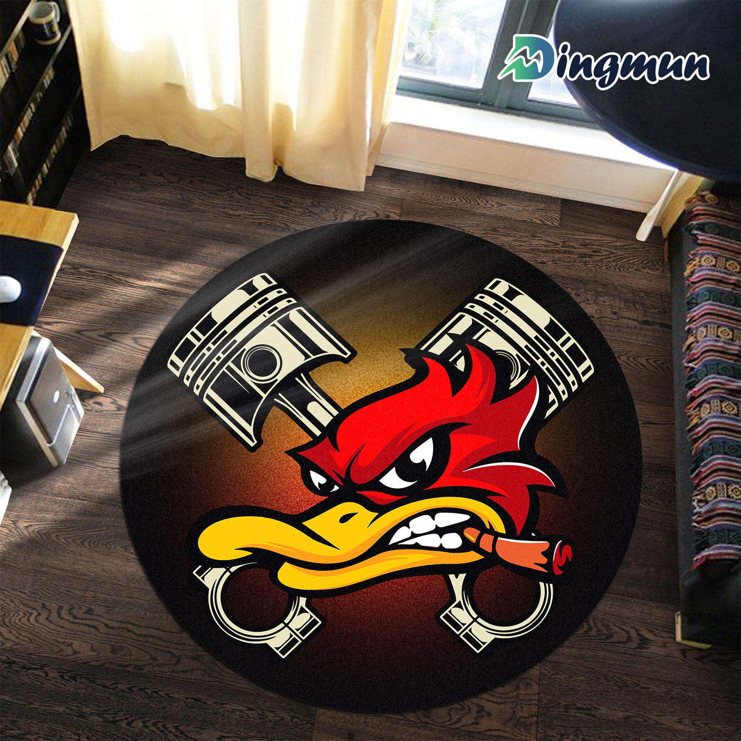 Personalized Speed Shop Hot Rod Duck Kustom Kultrure Round Rug 1