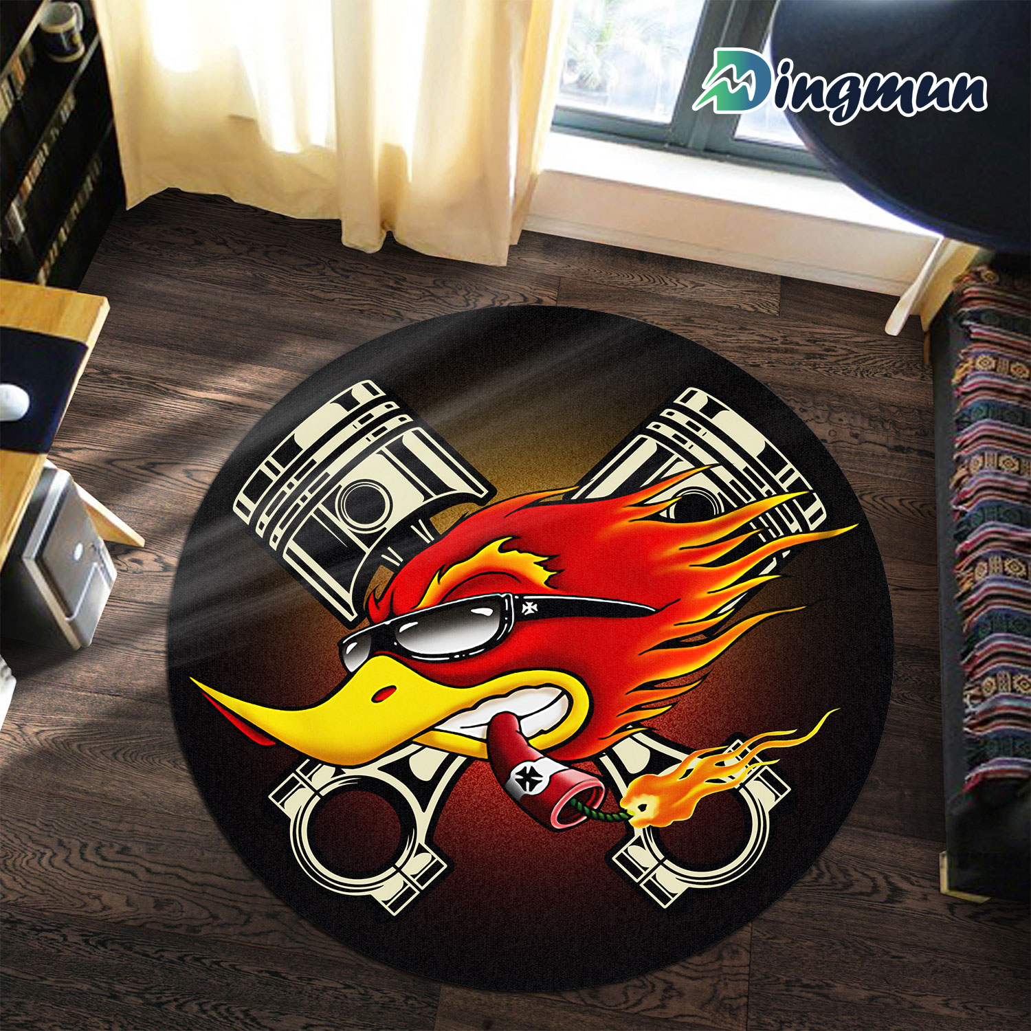 Personalized Speed Shop Hot Rod Mr Horsepower Woodpecker Round Rug 1