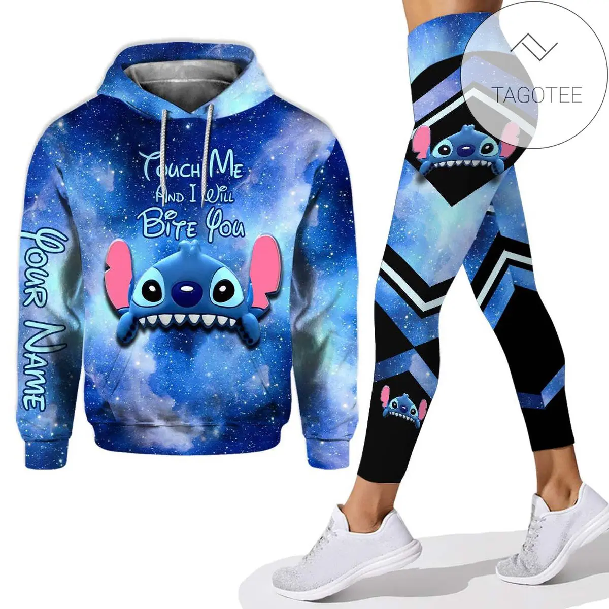 Personalized Stitch Touch Me And I Will Bite You All Over Print 3D Hoodie Leggings Blue Galaxy