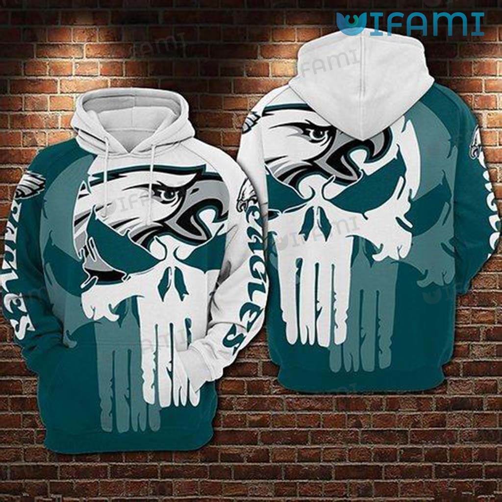 Philadelphia Eagles Blue White All Over Print Hoodie with Punisher Skull 0