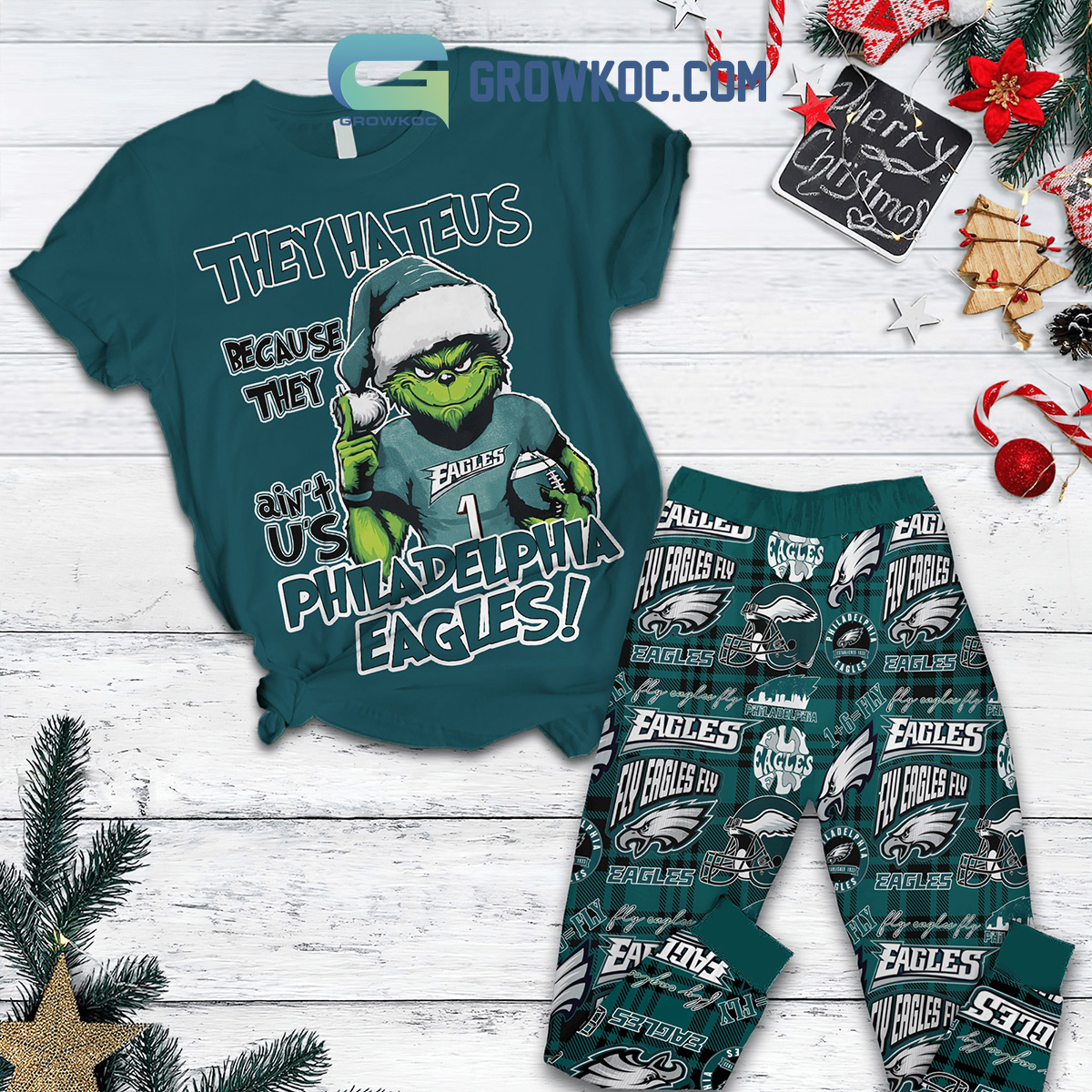 Philadelphia Eagles Grinch Hate Us Christmas Fleece Pajamas Set2B1 qfnOU