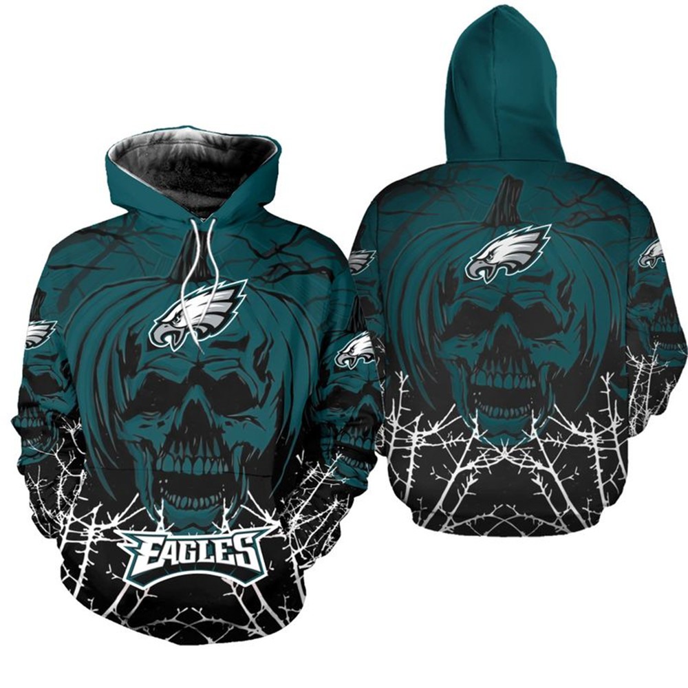 Philadelphia Eagles Halloween Pumpkin Skull Print Zip Hoodie Gifts For Fans 0