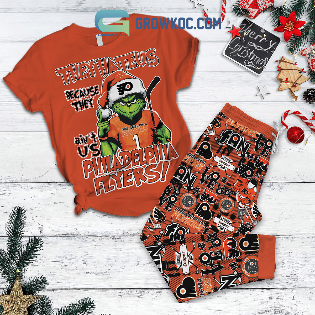 Philadelphia Flyers Grinch They Hate Us Christmas Fleece Pajamas Set2B1 Ho59C