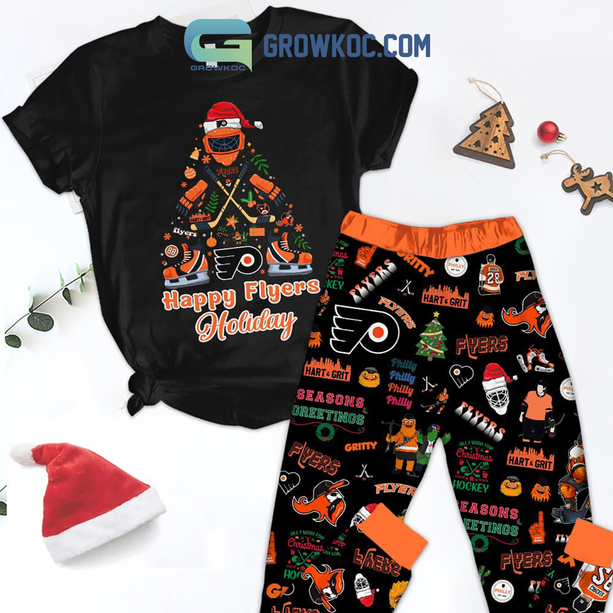 Philadelphia Flyers Ice Hockey NHL Philly Hart Grit Happy Flyers Holidays Christmas Fleece Pajamas Set2B0 Hn9KM