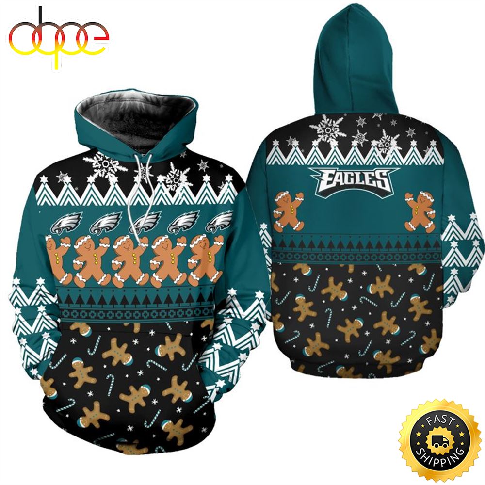 Philadelphia Eagles Christmas Gingerbread Man Football NFL All Over Print Hoodie Shirt