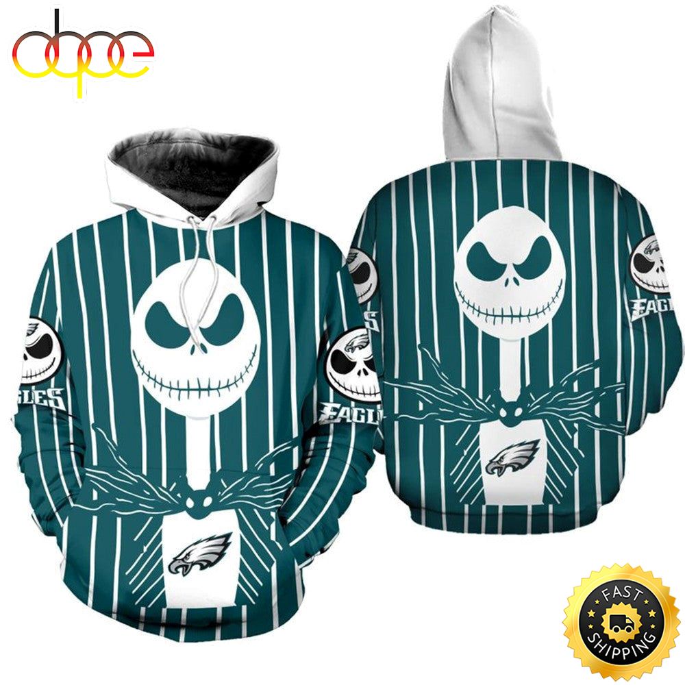 Philadelphia Eagles Halloween Green Jack Skellington Super Bowl 3D Pullover Hoodie 7059 czhwyi