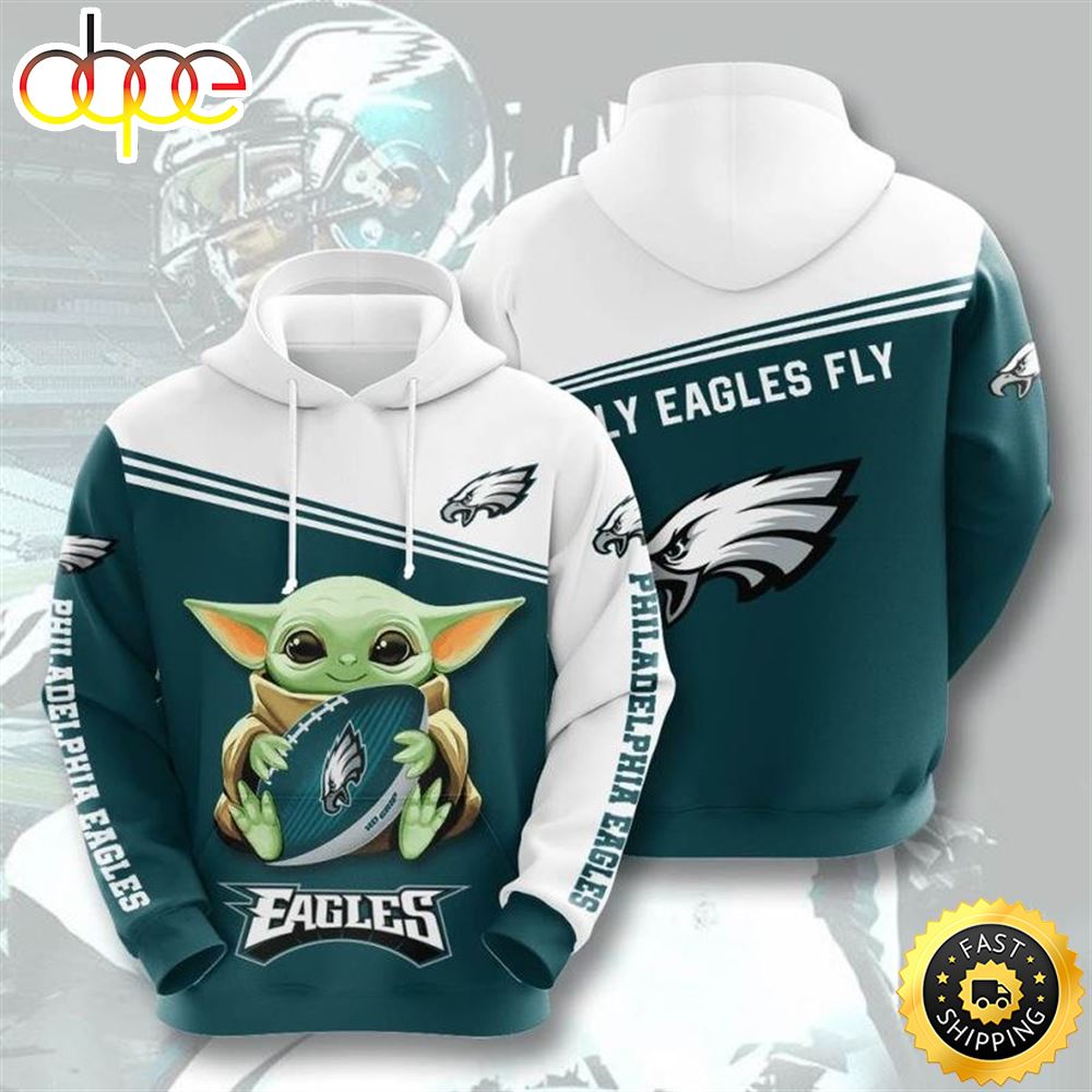 Philadelphia Eagles Logo Baby Yoda Star Wars Fly Eagles Fly 3d Hoodie All Over Printed h5fmi8