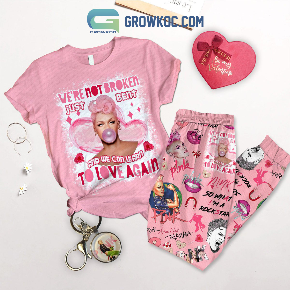 Pink Valentine Not Broken Fleece Pajamas Set2B1 OeLuB