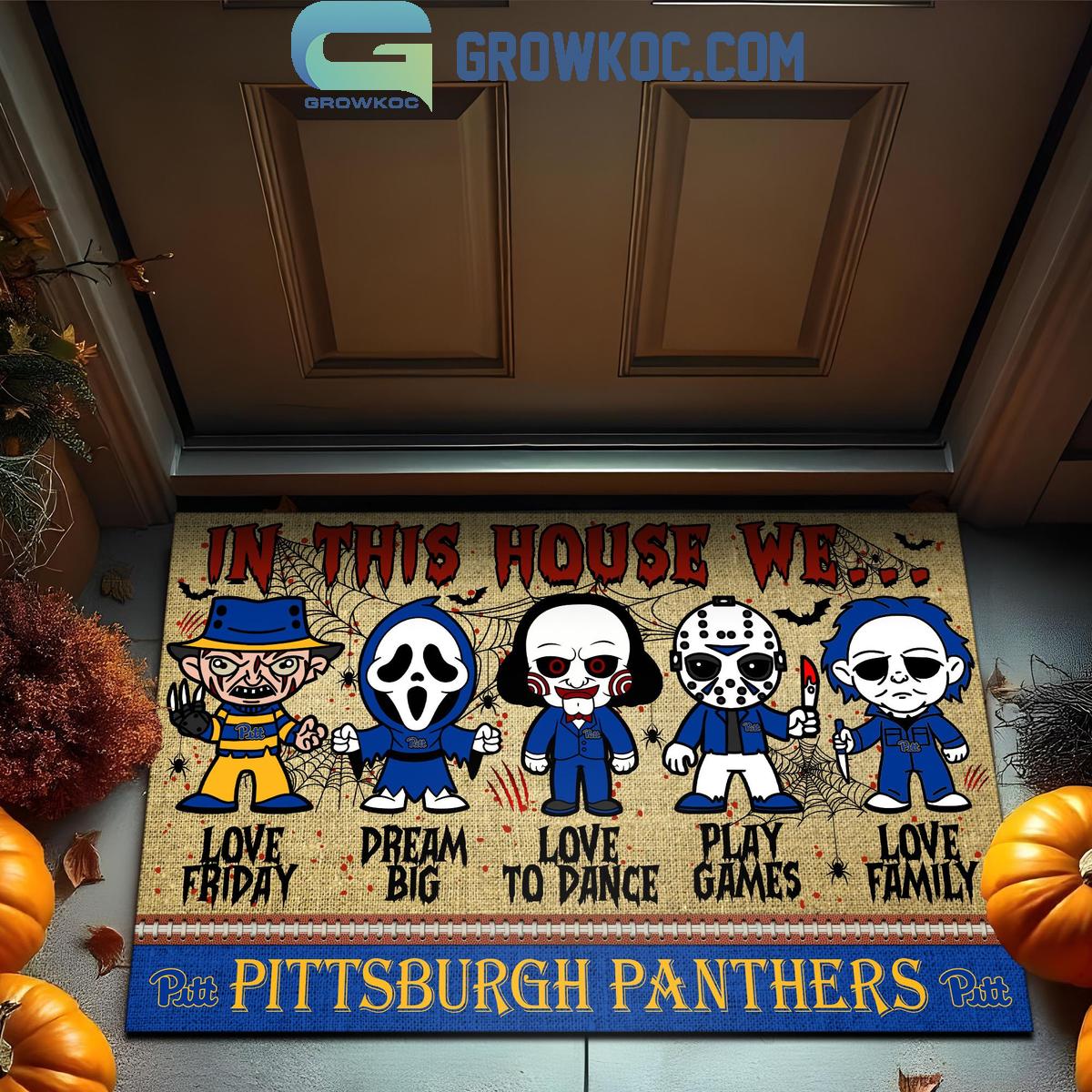 Pittsburgh Panthers In This House We Love Halloween Horror Movies Doormat 1 IbhYI