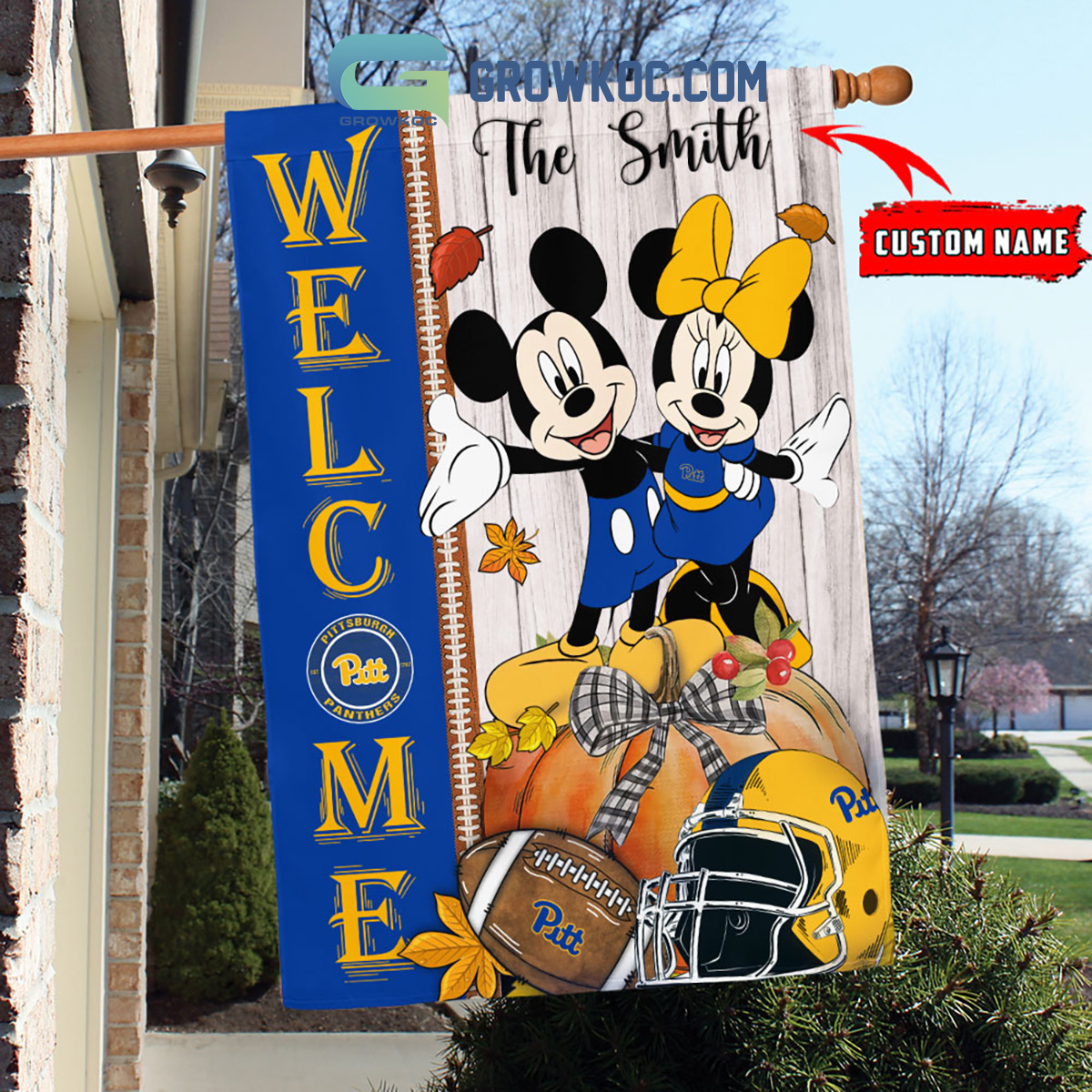 Pittsburgh Panthers NCAA Disney Mickey Minnie Welcome Fall Pumpkin Personalized House Garden Flag2B1 wilRu