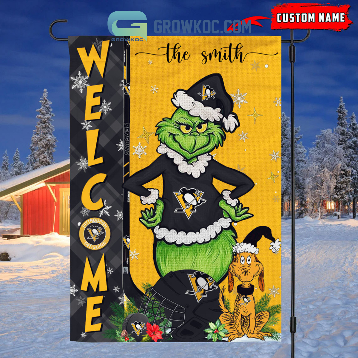 Pittsburgh Penguins Grinch Christmas Personalized House Garden Flag Canvas2B1 xzRRt