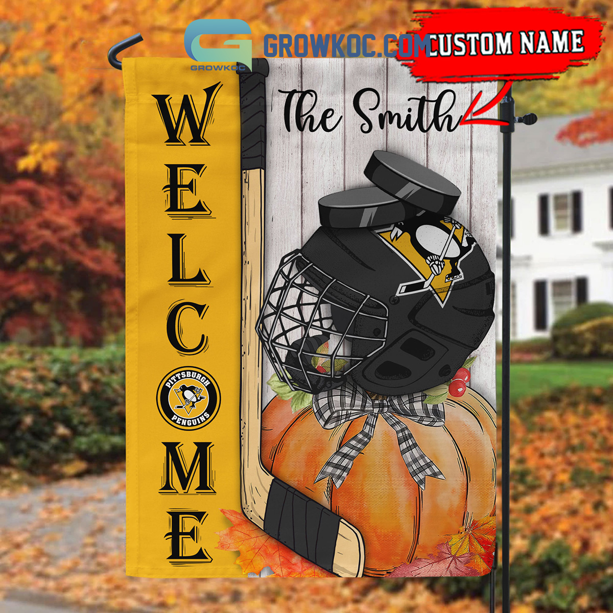 Pittsburgh Penguins NHL Welcome Fall Pumpkin Personalized House Garden Flag2B1 fEIfy