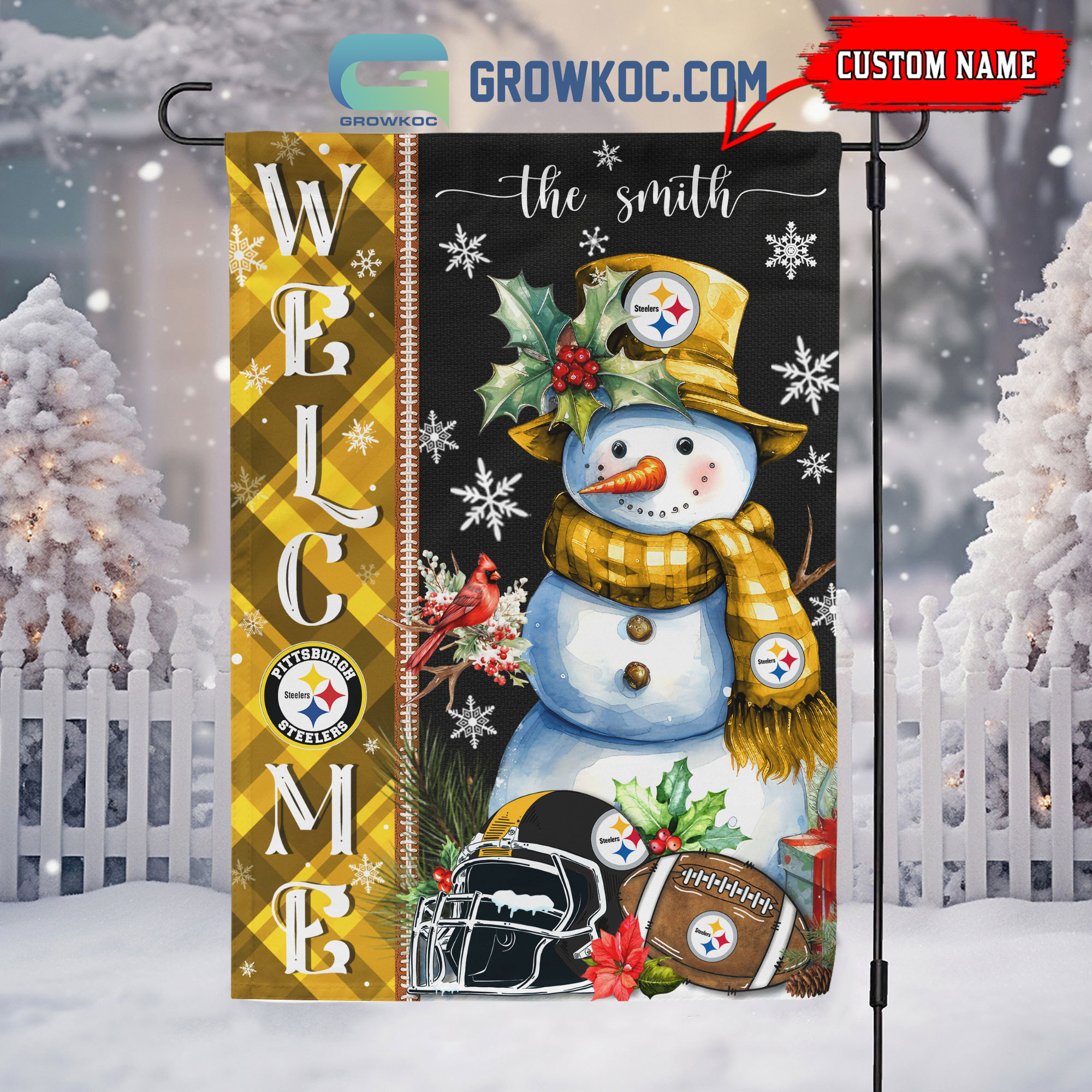 Pittsburgh Steelers Football Snowman Welcome Christmas Personalized House Gargen Flag2B1 D7qCB