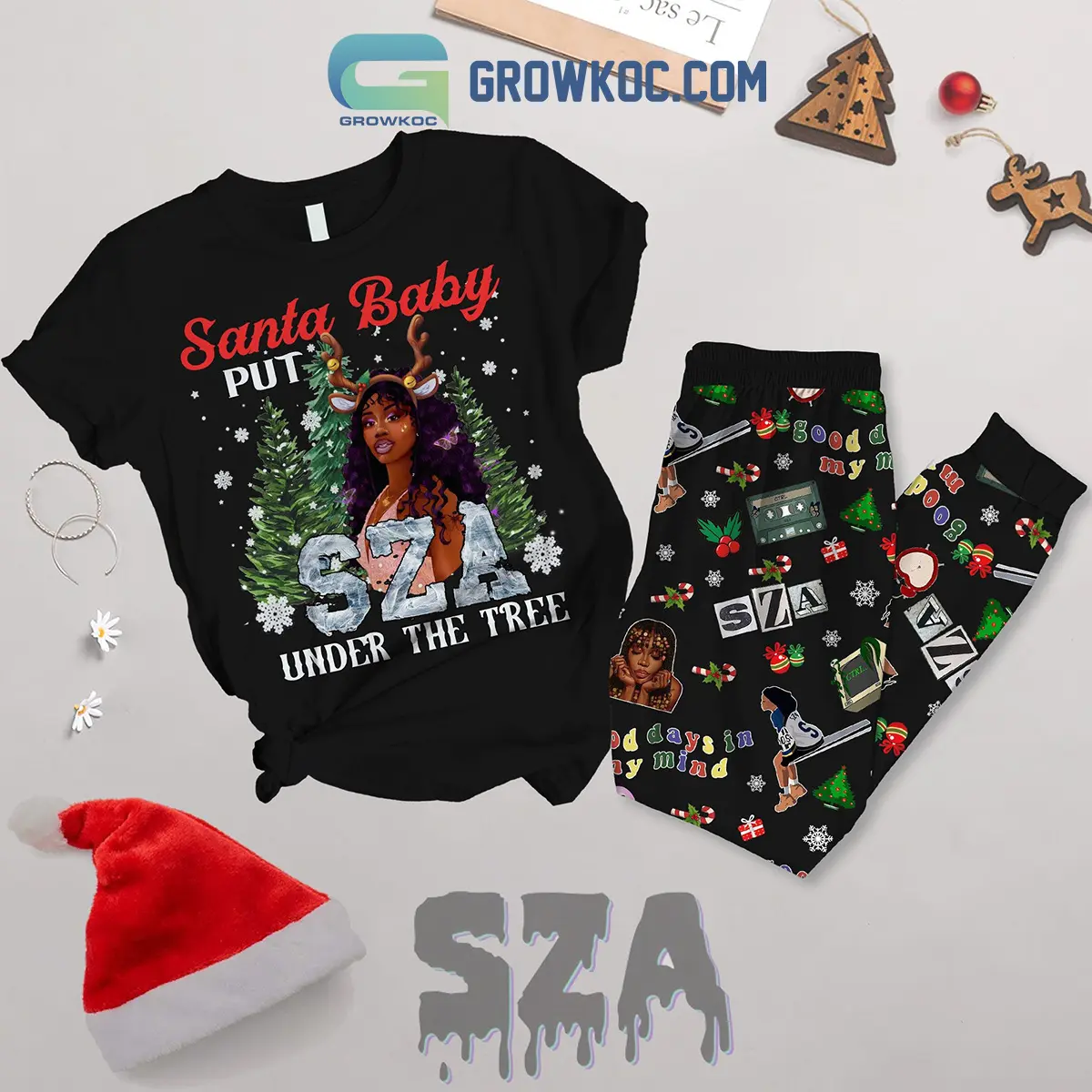 SZA Under The Tree Santa Baby Christmas Fleece Pajamas Set2B1 COMvv
