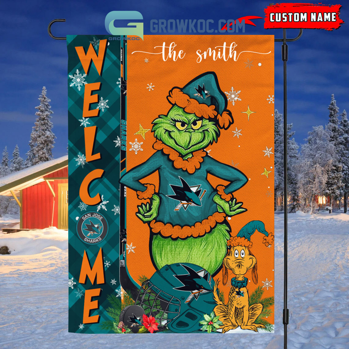 San Jose Sharks Grinch Christmas Personalized House Garden Flag Canvas2B1 4GwtU