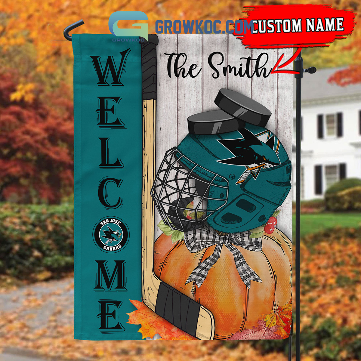 San Jose Sharks NHL Welcome Fall Pumpkin Personalized House Garden Flag2B1 7GVgF