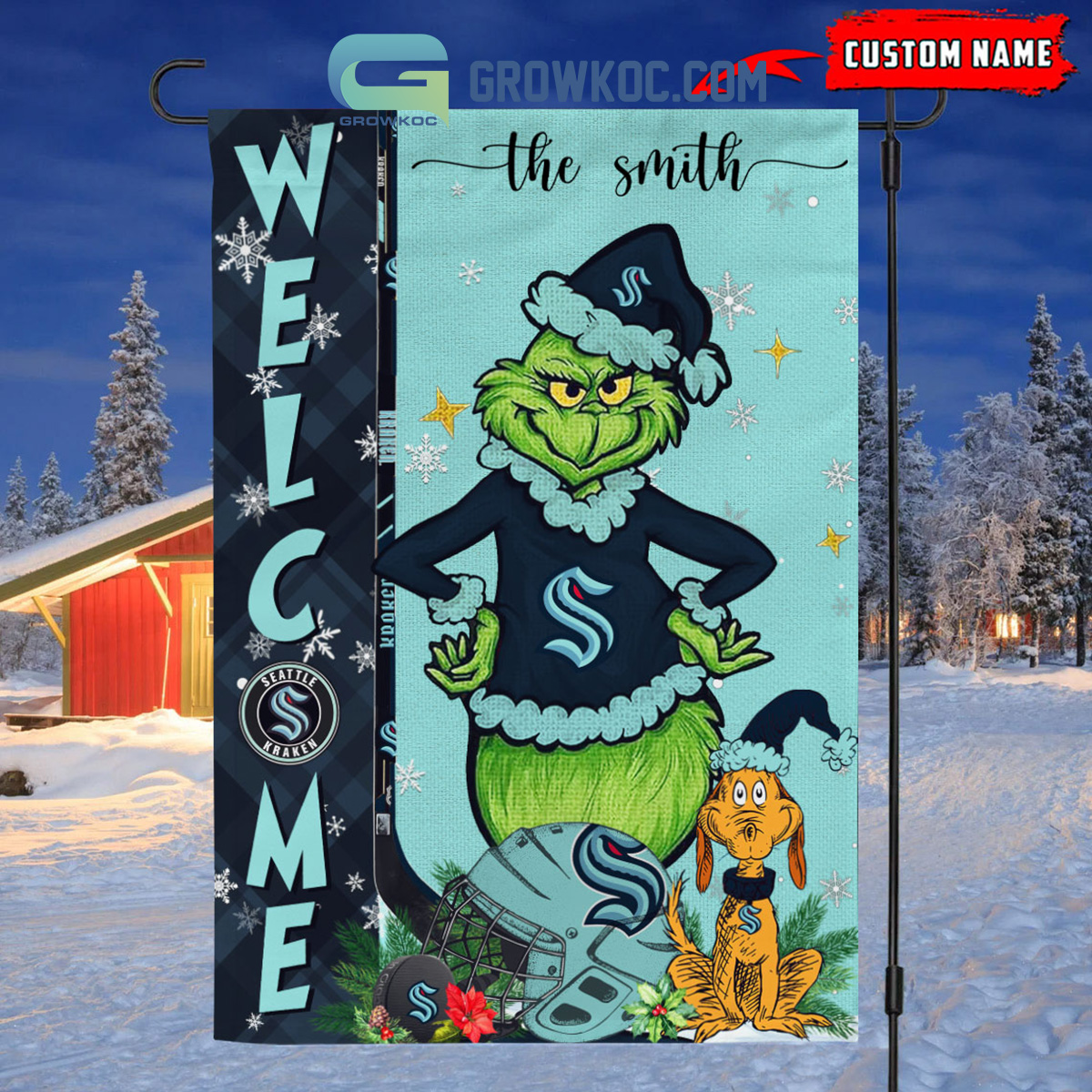 Seattle Kraken Grinch Christmas Personalized House Garden Flag Canvas2B1 P8BTk