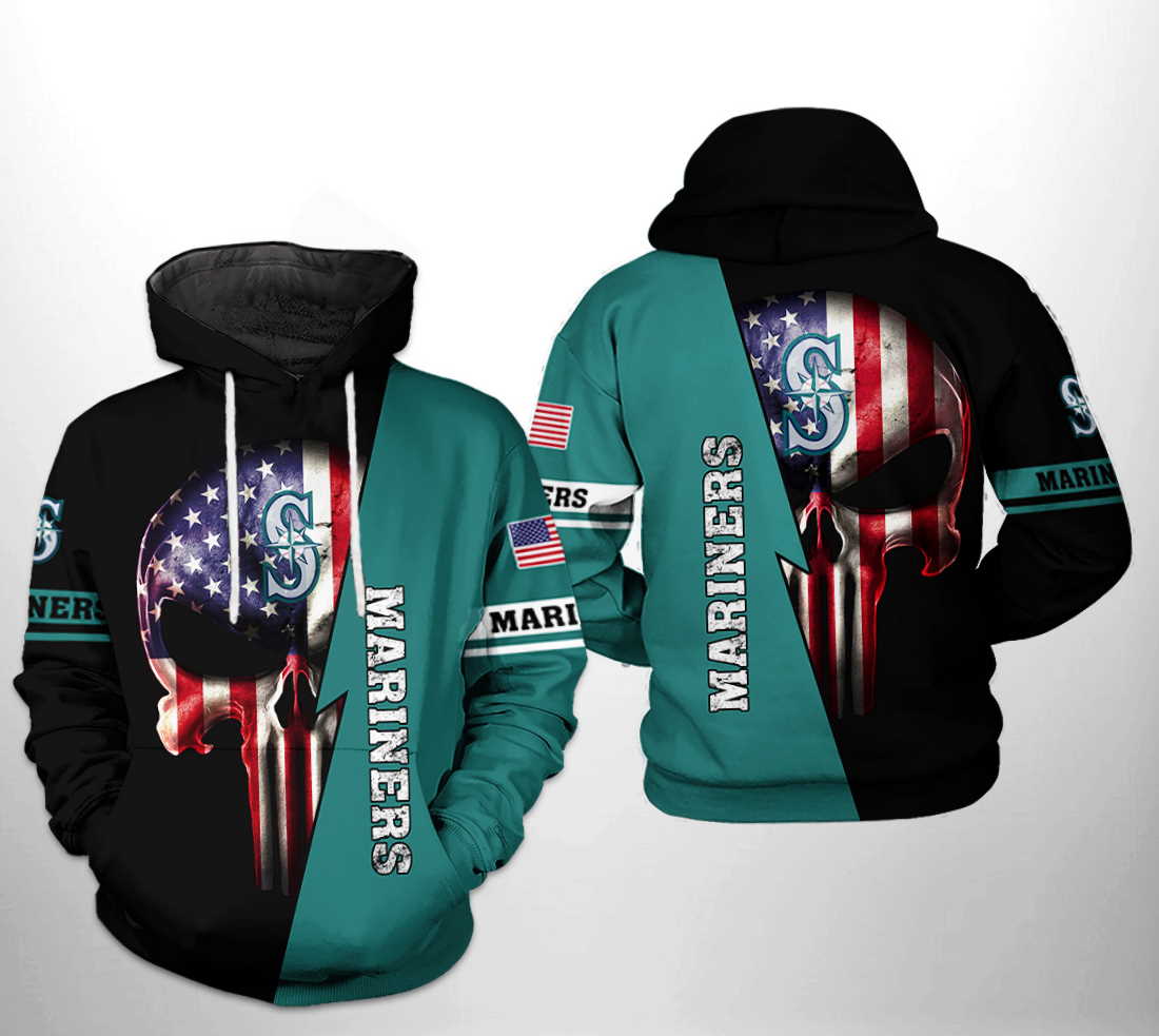 Seattle Mariners MLB US Flag Skull All Over Print Hoodie 0