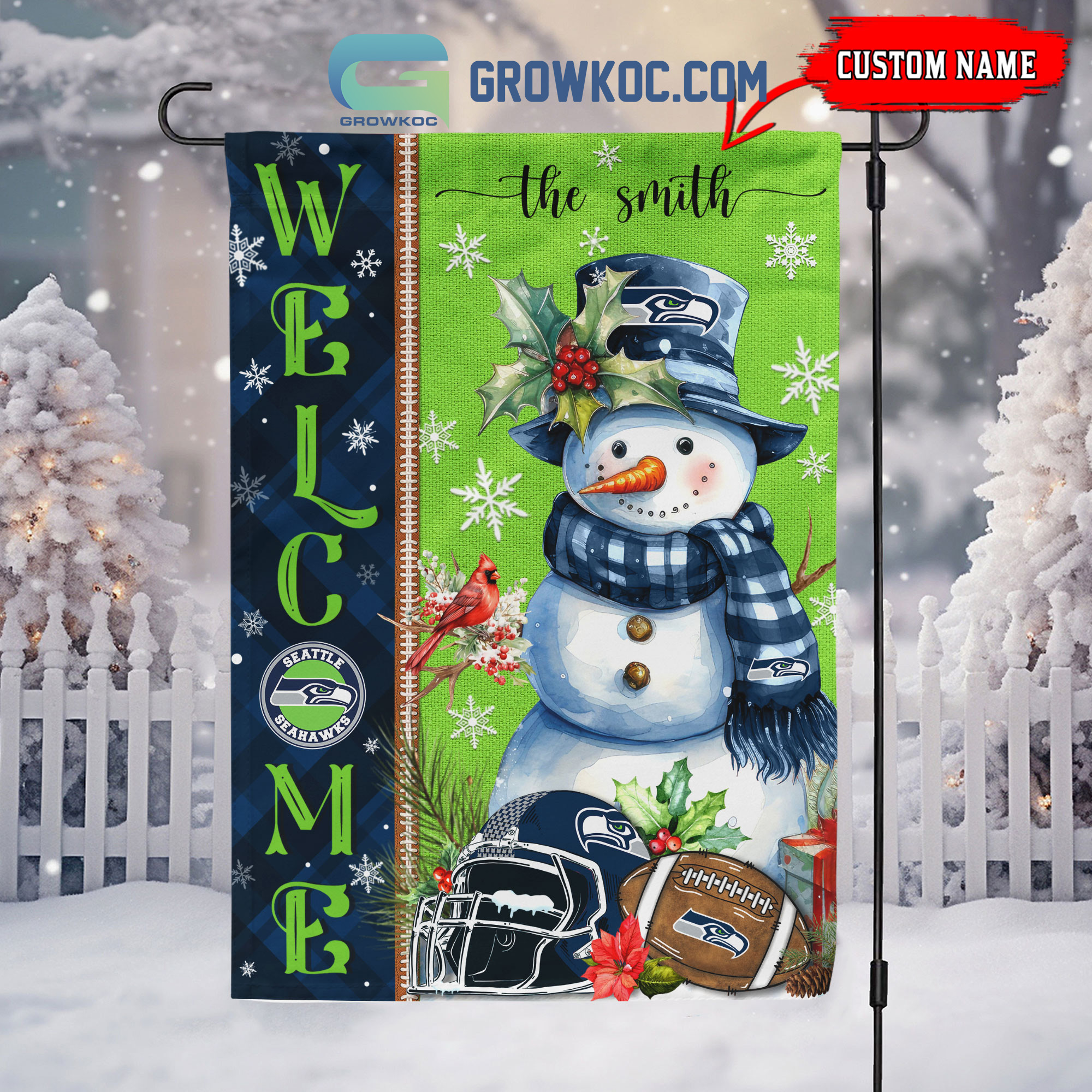 Seattle Seahawks Football Snowman Welcome Christmas Personalized House Gargen Flag2B1 p62Da