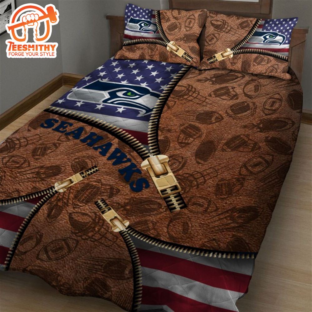 Seattle Seahawks NFL American Flag Leather Pattern Bedding Set