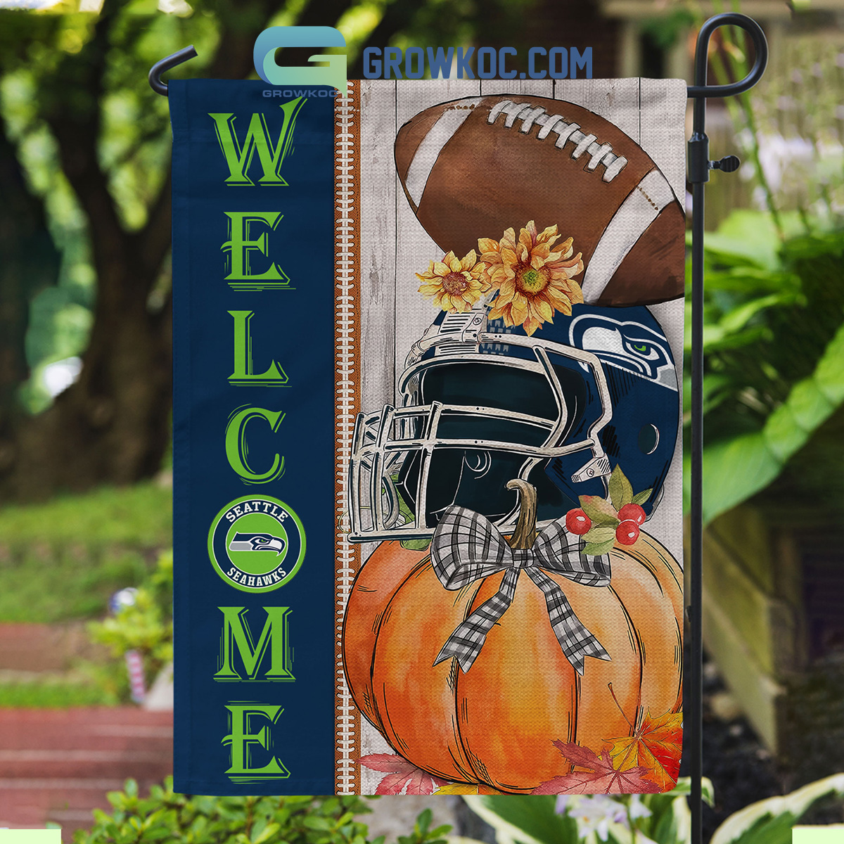 Seattle Seahawks NFL Welcome Fall Pumpkin Personalized House Garden Flag2B1 LlAbe