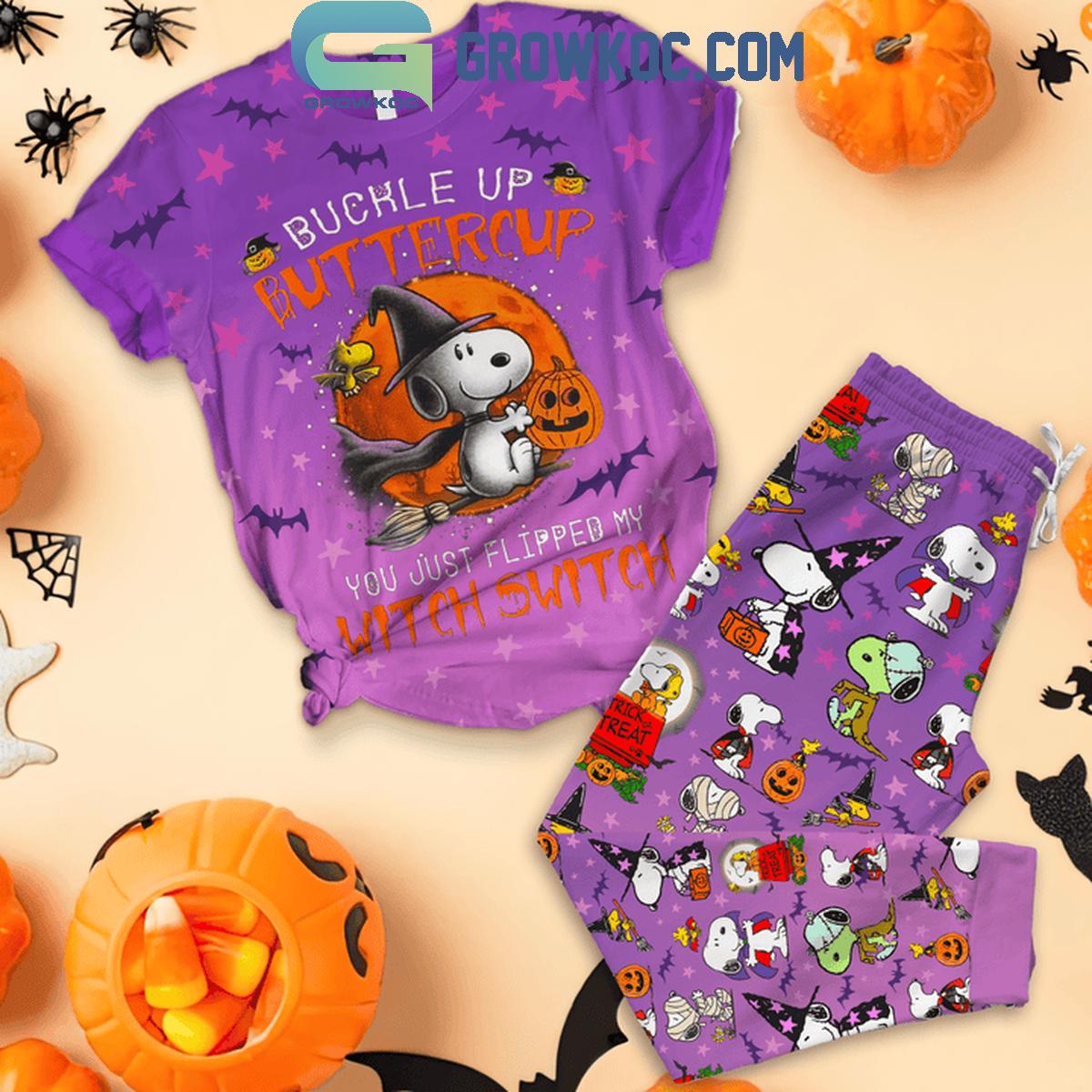 Snoopy Halloween Buckle Up Buttercup Witch Switch Fleece Pajamas Set 1 UrneS