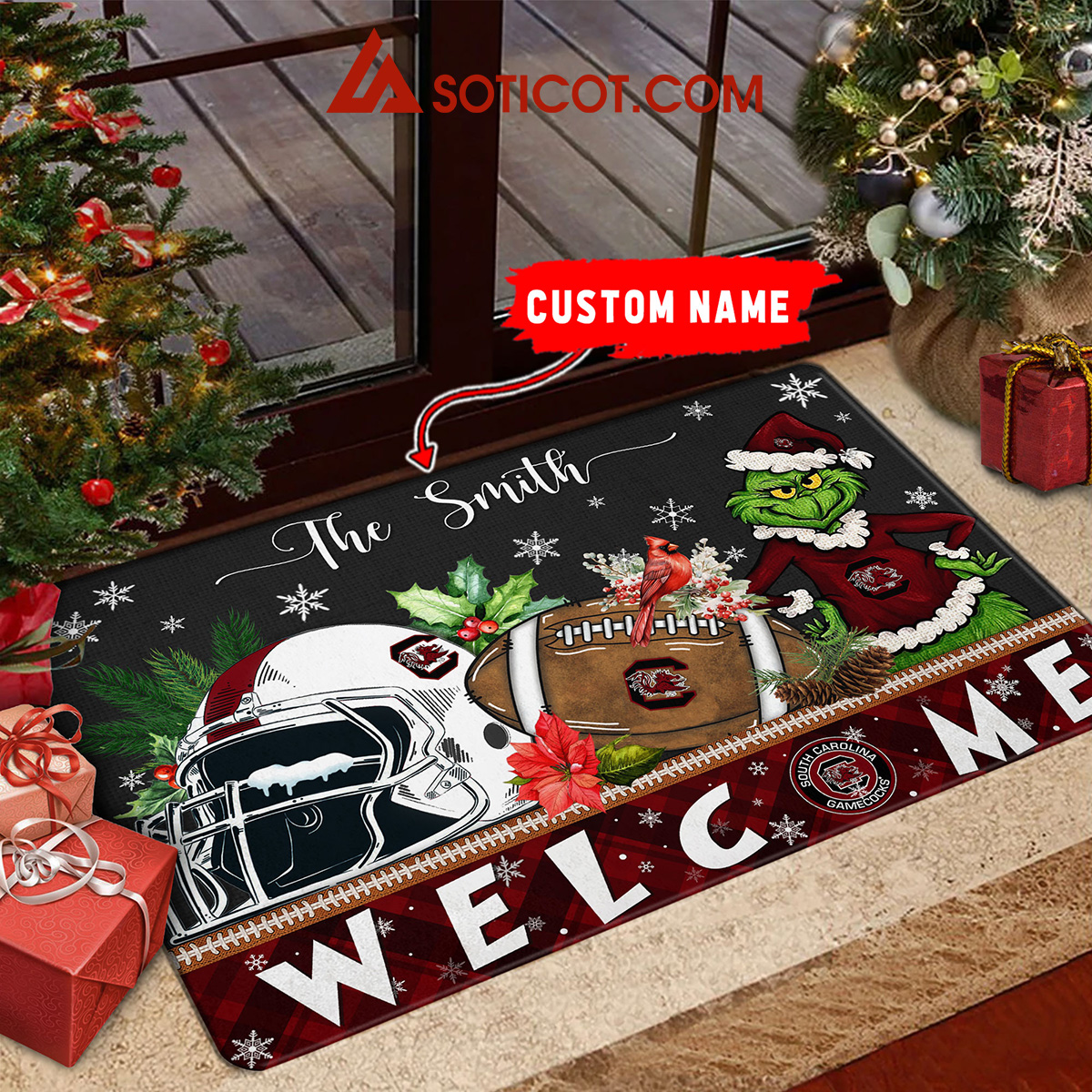 South Carolina Gamecocks Grinch Welcome Christmas Football Personalized Doormat2B1 Rut3h