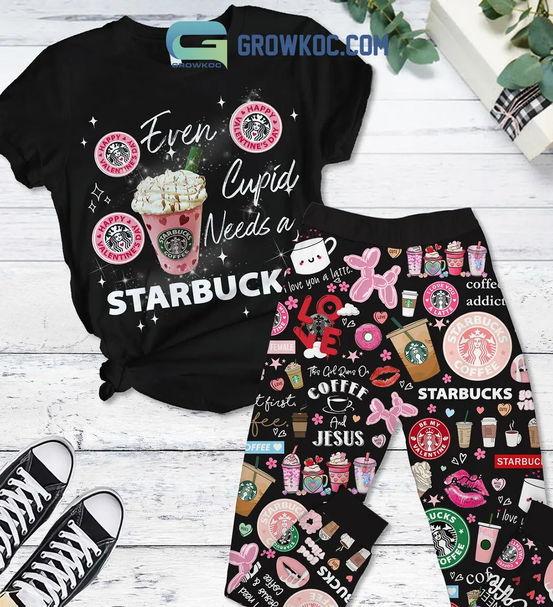 Starbucks Cupid Need Coffee Black Fleece Pajamas Set2B1 pCa1G