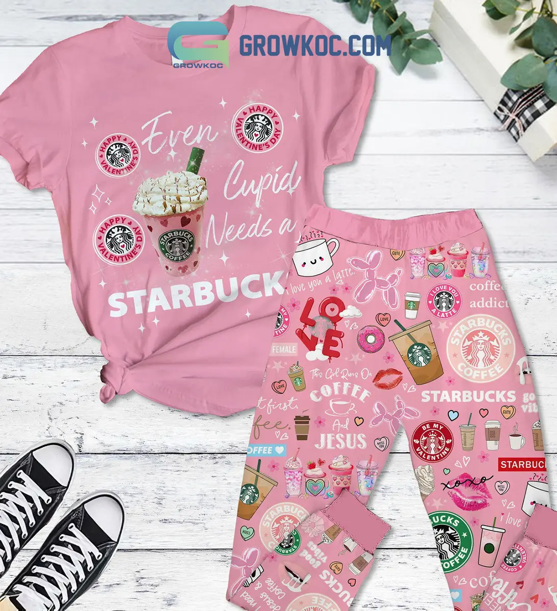 Starbucks Cupid Need Coffee Fleece Pajamas Set Pink2B1 tOJeo