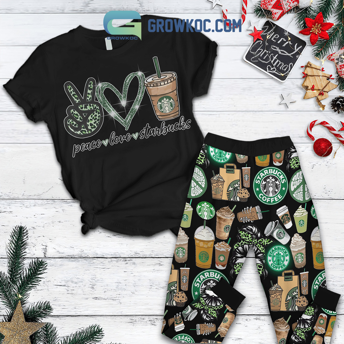 Starbucks Peace Love Christmas Fleece Pajamas Set2B1 Etm1B