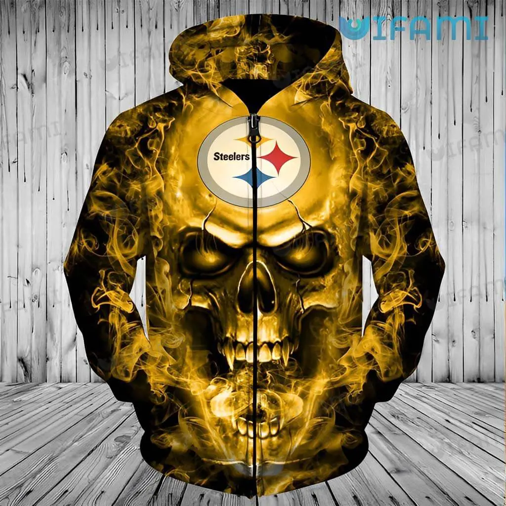 Steelers Zip Up Hoodie 3D Burning Skull Logo Pittsburgh Steelers Gift