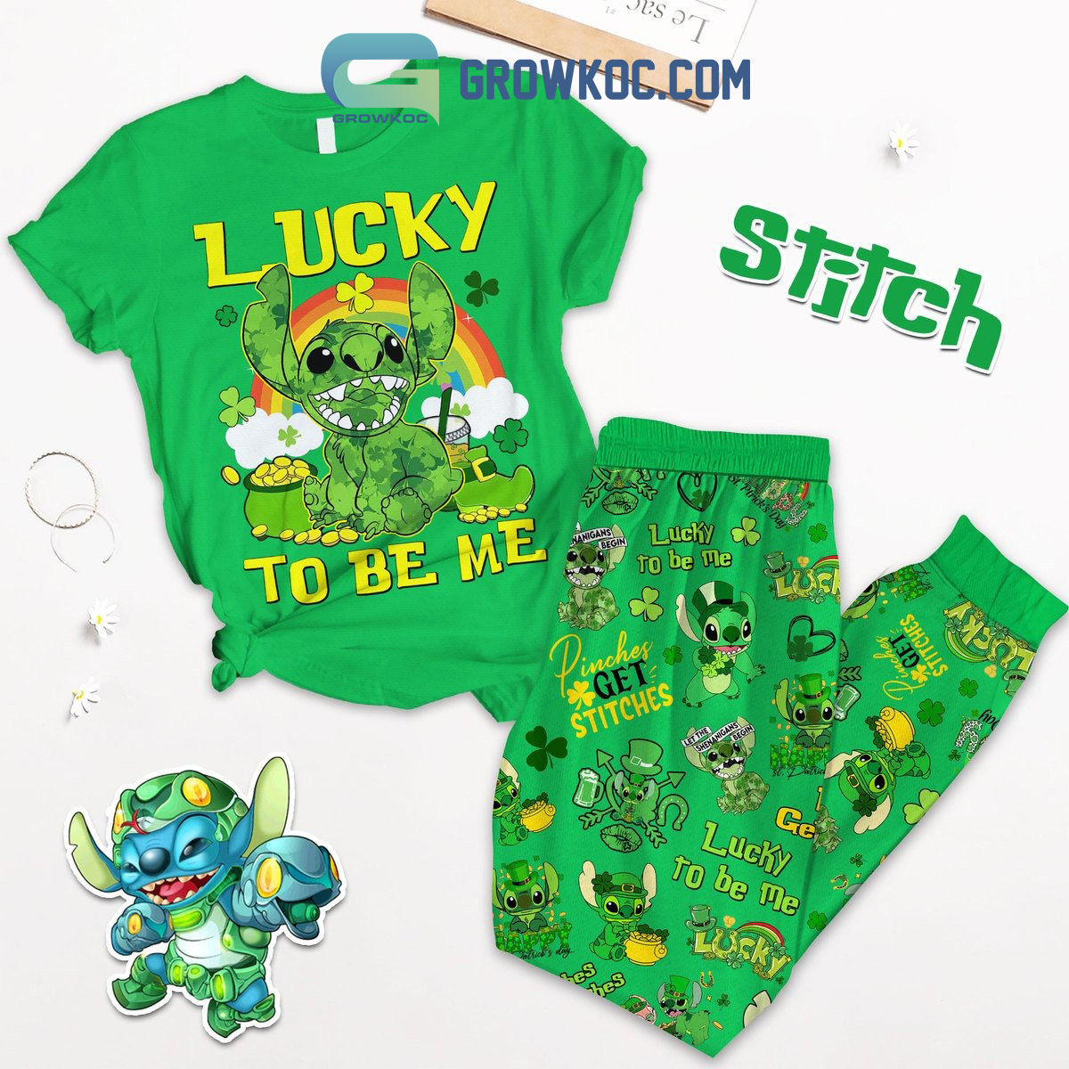 Stitch Lucky To Be Me St. Patricks Day Fleece Pajamas Set2B1 M0Igi