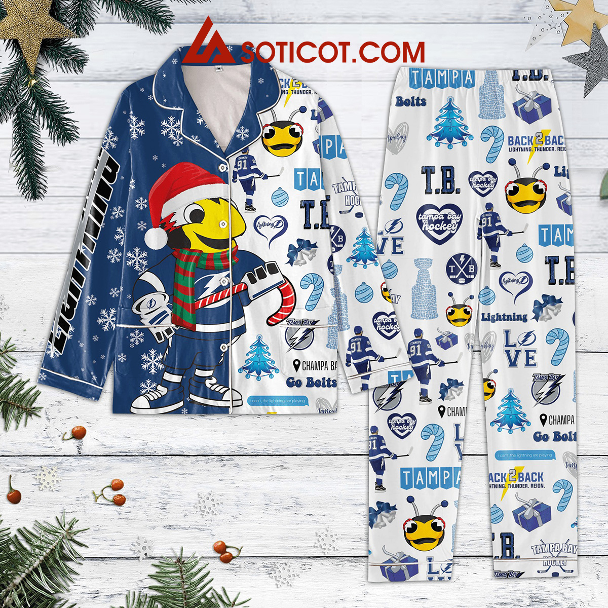 Tampa Bay Lightning Snow Christmas Go Bolts Pajamas Set2B1 UNE3q